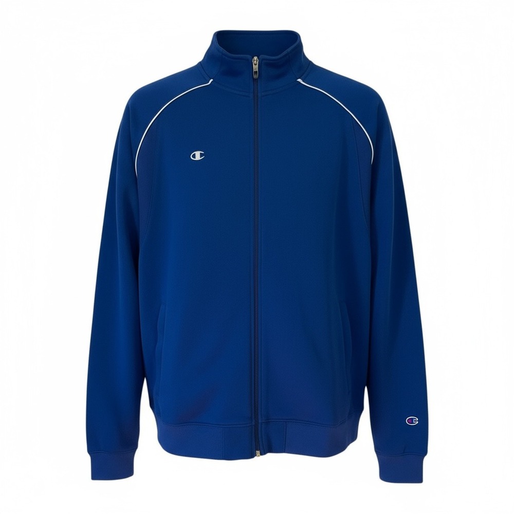 Champion Track Jacket Mens Medium Full Zip Blue and White Zip Pockets Polyester